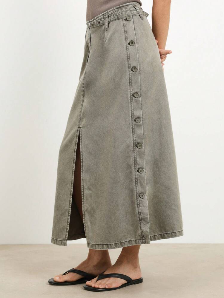 KSTM Women Denim Button Down Front Slit Maxi Skirt Washed Vintage High Waisted Long A Line Summer Spring Casual Everyday