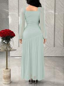 Feyla Robe élégante à manches lanternes, col carré doux, taille froncée pour femmes au printemps/été - Vert - Voir 2