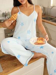 Striped & Star Print Camisole Top And Pants Women Pajama Set - Multicolor - View 1