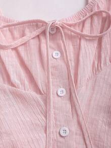 Sweetra Women's Sexy Square Neck Tie Bow Ruched Waist Fitted Elegant Versatile Blouse For Daily Wear, Spring/Summer - Pink - View 5