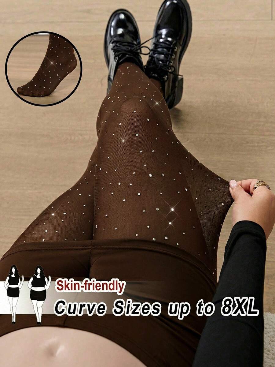 SHEIN CURVE+ 大码黑色透视性感紧身裤/打底裤,适合派对、生日、约会之夜穿着/优雅办公室打底裤/JK风格打底裤/闪亮网纱透视情人节下装 - 棕色 - 查看 1