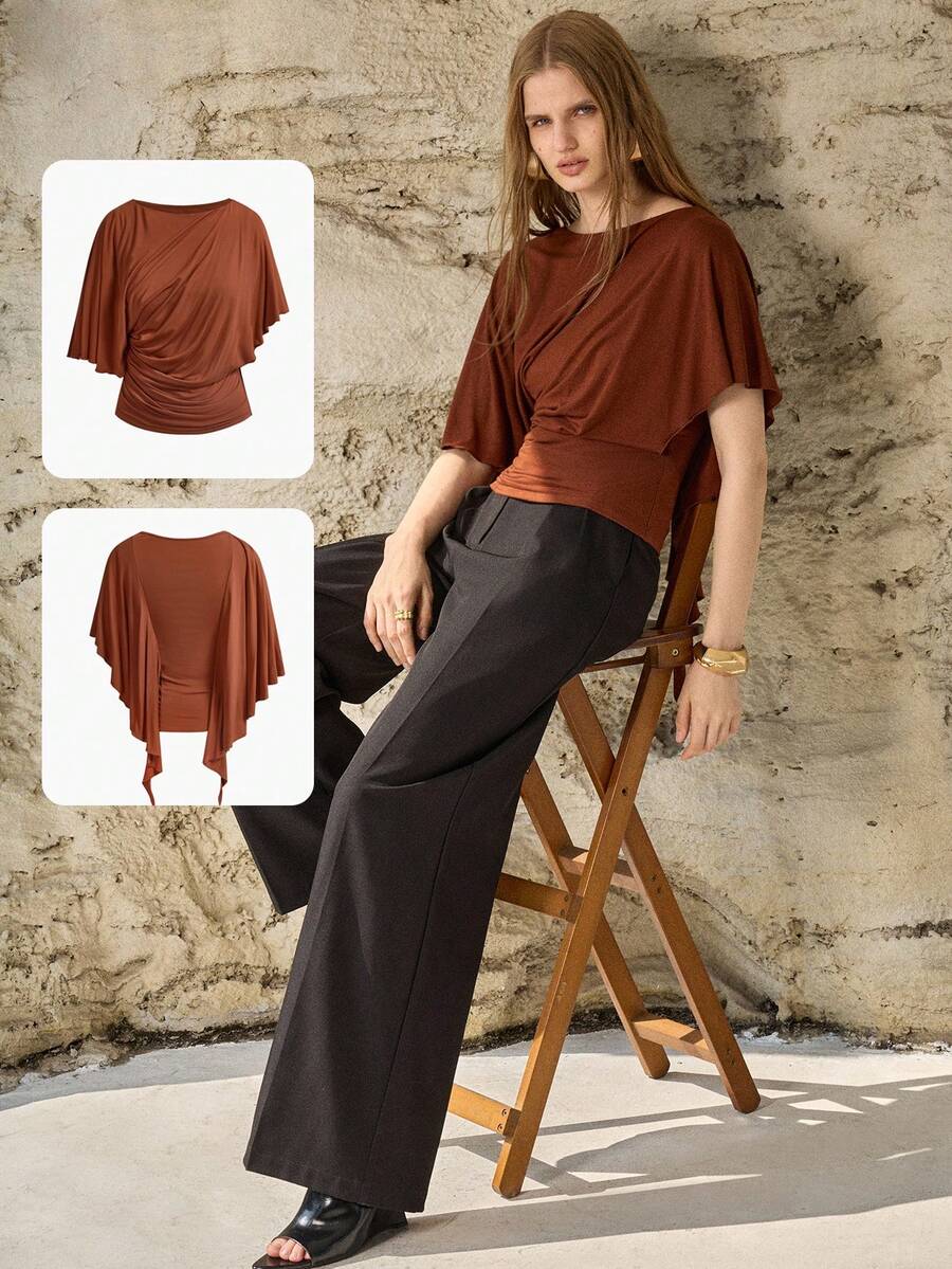 MOTF PREMIUM WOMEN'S WAIST CINCHED SHORT SLEEVE KNIT T-SHIRT, SPRING/SUMMER - Brown - View 1