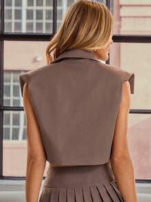 SHEIN Haute Women's Sexy Office Wear Old Money Style Short Sleeve Blazer Top With Exaggerated Shoulder - Brown - View 2