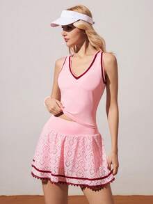 CourtClass Women's Striped V-Neck Tank Top And Geometric Hollow-Out Tennis Skirt Set - Pink - View 6