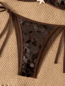 Bonvoyette Bộ 2 món bikini gợi cảm cổ yếm màu trơn đính sequin, thích hợp cho mùa xuân/hè. - màu nâu - Xem 5