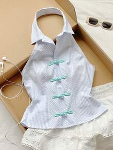 Comfortcana Women's Summer Casual Striped Button Backless Halter Shirt - Multicolor - View 7