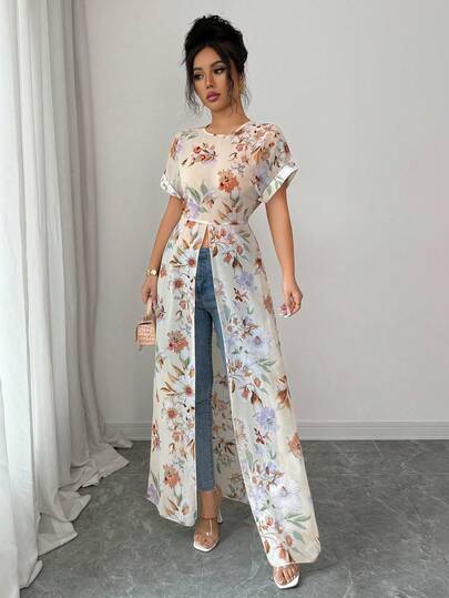 Breezaya Camisa larga con cuello redondo, manga corta, estampado floral y bajo con abertura para vacaciones