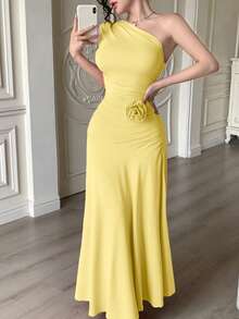 Modelyn Solid Color Sleeveless Ruched Fitted Dress For Women - Yellow - View 6