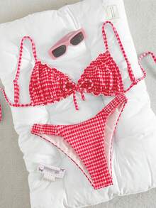 Swim Mod Textured Fabric Ruched Front Tie Bow Waist Pleated Cute Sweet Fashion Lively Party 2-Piece Bikini Set Set - Red - View 2