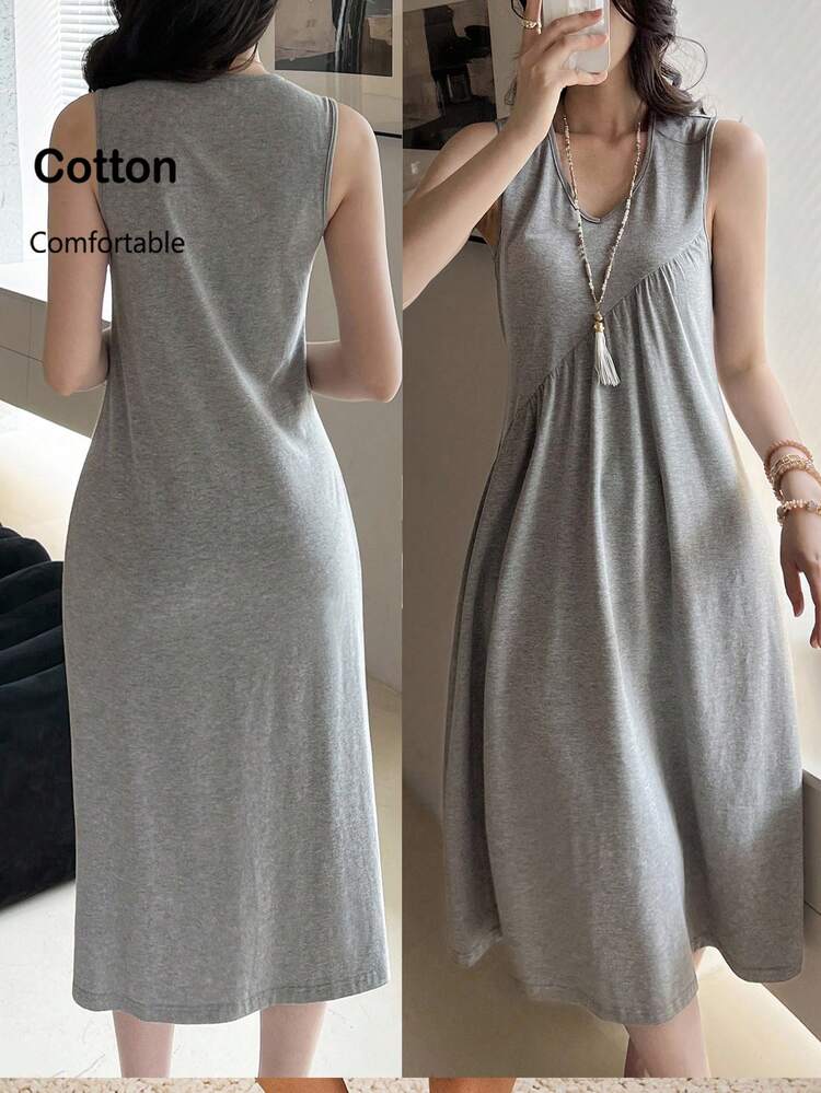 Plus Size Women's Summer Casual Vacation Country Sleeveless Solid Gray Dress,Summer Outfits For Women ,Vacation Outfits Women ,Holiday Outfits For Women,Going Out Outfits,2026 New Clothes,Simple And Fashionable For Everyday Wear,Suitable For Summer, Vacation, Daily Wear, Festival Outfits For Women,Country Concert Outfit,Beach Outfits For Women,Western Style,Flowy Dress