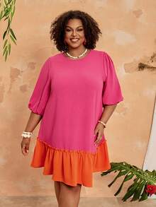BrightlyHer Plus Size Women's Pink Round Neck Petal Sleeve Contrast Color Ruffle Hem Casual Dress,Boho Autumn Vacation Holiday Spring Summer Beach Outfits - Multicolor - View 3