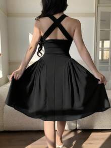 Women's Solid Color Pleated Elegant Waist Midi Dress, Suitable For Dates And Parties - Black - View 3