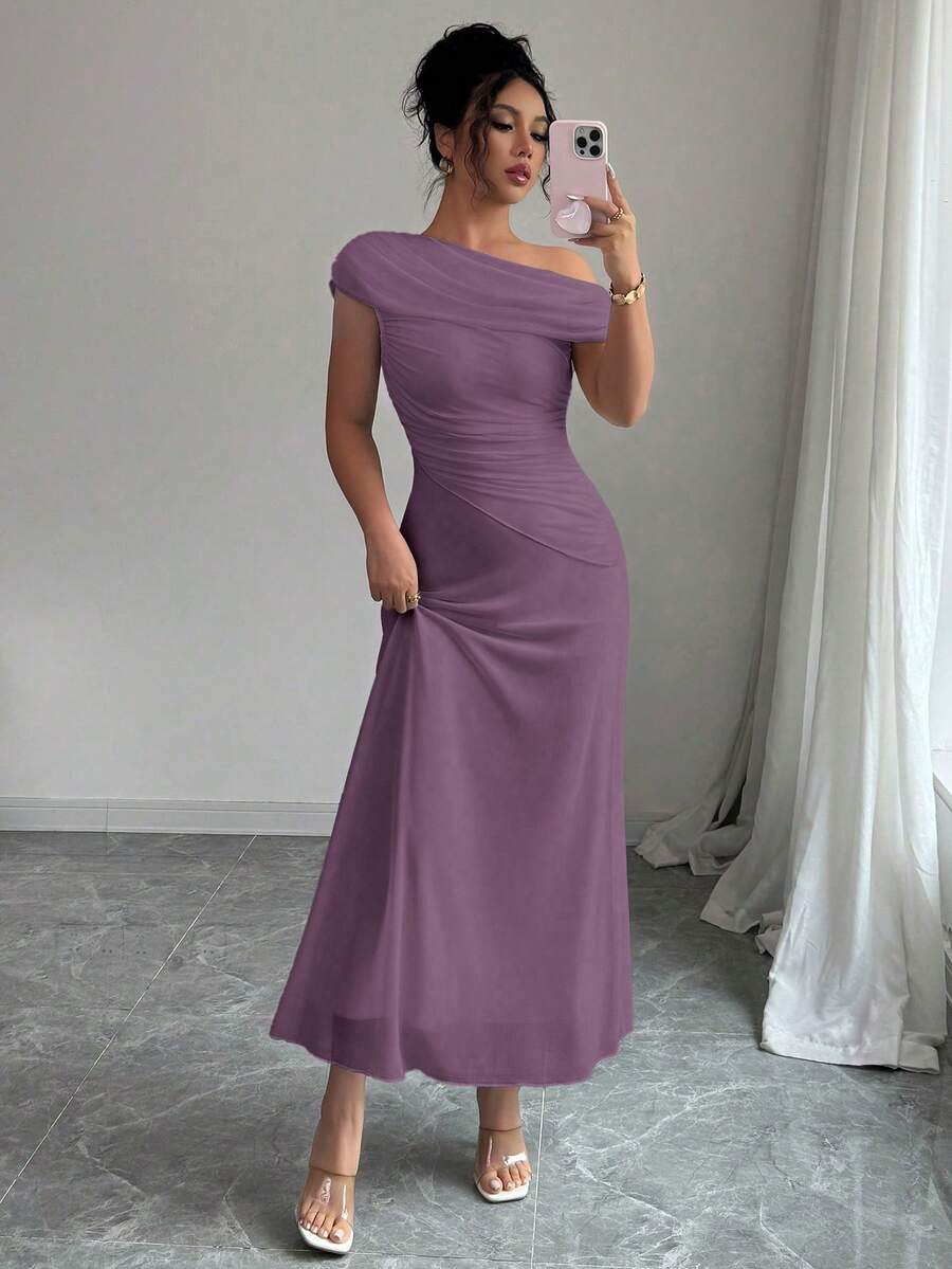 Modelyn Đầm dạ hội nữ bằng vải lưới, vai bất đối xứng, xếp ly, vạt bồng, kiểu Pháp thanh lịch, tinh khiết. - Màu tím - Xem 1