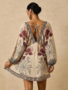 Travachic Plus Size Beige Summer Boho Vacation Holiday Mini Dress,Floral Print Deep V-Neck Lantern Sleeve Waist Cinched Moroccan Kaftan Tunic Dresses - Multicolor - View 2
