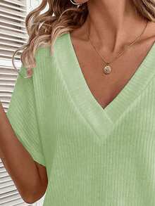 New Fashion Casual Versatile V-Neck Textured Knit Fabric Short Sleeve T-Shirt For Women - Mint Green - View 7