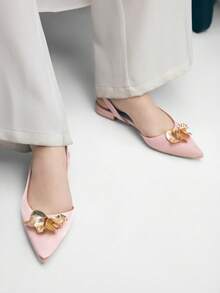 Mnmlis Ladies Pointed Comfortable Inner Hollow Metal Decorative Buckle Flat-Soled Shoes - Pink - View 9