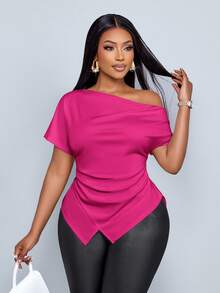 SOLERSUN Women's Elegant Asymmetric Neckline Ruched Asymmetric Hem T-Shirt - Hot Pink - View 4