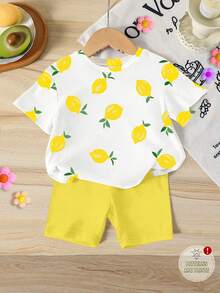 两件套女童休闲清新阳光黄套装，短袖T恤搭配紧身短裤，黄色打底短裤，适合4-7岁春夏女童穿着，柠檬印花T恤，舒适时尚，度假风 - 白色 - 查看 2