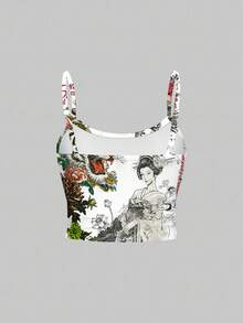 ROMWE Grunge Punk New Chinese Style Sexy Geisha Slogan Cute Sexy Camisole & Flared Pants With Layered Waistband, Women 2 Pieces Set - White - View 6