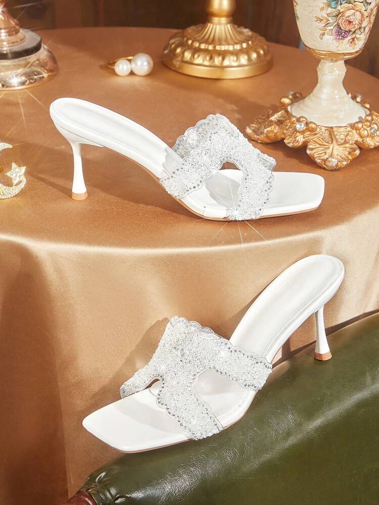 CUCCOO TILAWA Women Shoes Square Toe Slender Heel White Transparent Film Rhinestones Sexy Fashion Elegant Gorgeous Women's High Heel Sandals Slippers With Skirts Daily Versatile Banquet Party Women's Sandals