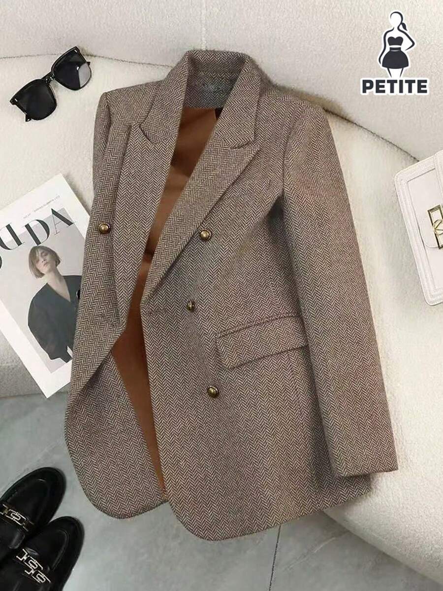 Franclia Petite 优雅的2025新款秋冬西装外套,采用独特的领口设计,简约精致,收腰剪裁,时尚的深咖啡色,适合女性日常通勤穿着。 - 棕色 - 查看 1