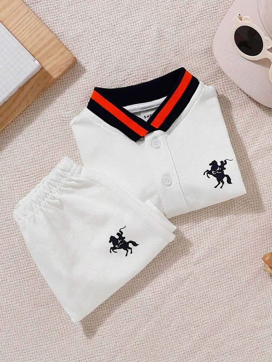 SHEIN 2pcs/Set Young Boys Casual Classic Embroidered Pattern Polo Shirt With Collar And Sports Shorts