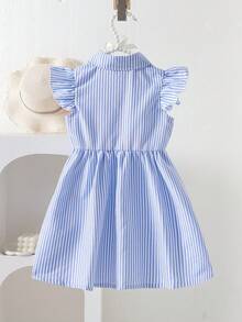 SHEIN Vintaside Kids 1件装 女童条纹领泡泡袖腰带花卉装饰休闲可爱甜美优雅连衣裙半身裙，适合夏季日常外出、购物、上学、旅行、摄影、野餐、周末公园、游乐园、海滩、派对等场合。 - 藍白色 - 查看 2