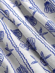 Sweetra 休闲简约通勤百搭法式优雅蓝色印花度假风束腰修身直筒时尚街头风女式连体裤 - 藍色 - 查看 5