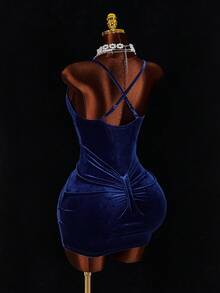 Amplova Gaun Mini Korset Renda Kontras Beludru Biru Tua Wanita, Gaun Malam Elegan dengan Tali Bahu Tipis dan Hiasan Ruffle, Pakaian Pesta Techno Rave Musim Gugur untuk Pernikahan - Navy Blue - View 10