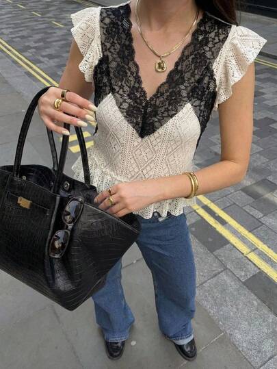 SHEIN Frenchy Women's Elegant Vacation Style Contrast Lace V-Neck Cap Sleeve Pointelle Knit Top, Summer,French Romantic Patchwork Black & White Lace V-Neck Hollow Out Short Sleeve Blouse, V-Neck Hollow Design, Summer Commute/Date Hot Selling Item,Summer Top ,Valentine Outfits For Women ,Elegant Women's Blouses,Casual Blouses For Women,Summer Vacation Outfits,White Top,French Romantic Patchwork Black & White Lace V-Neck Hollow Out Short Sleeve Blouse, V-Neck Hollow Design, Summer Commute/Date Hot Selling Item
