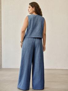 MOTF PREMIUM PLUS SIZE SPRING/SUMMER BEADED EMBROIDERY DENIM BLUE V-NECK CINCHED WAIST VEST & WIDE LEG PANTS 2-PIECE SET, FASHIONABLE - Royal Blue - View 4