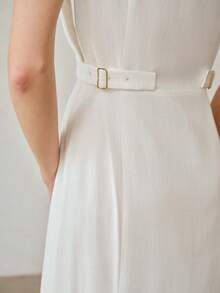 MOTF PREMIUM FASHIONABLE DESIGN SLEEVELESS WAIST TIE ADJUSTABLE LINEN MIDI DRESS FOR WOMEN - White - View 2