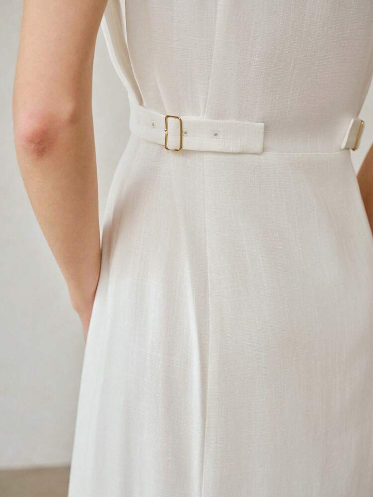 FASHIONABLE DESIGN SLEEVELESS WAIST TIE ADJUSTABLE LINEN MIDI DRESS FOR WOMEN