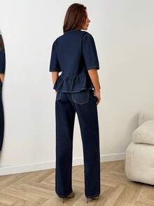 EURMUSE Top & Straight Jean Two Pieces Denim Set - Dark Wash - View 2
