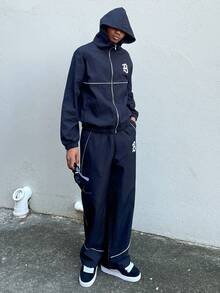 Ngobest Haus Ngobest Haus 男士字母印花连帽拉链夹克和撞色滚边长裤套装，男士两件套，男士街头服饰套装，男士运动服套装，慢跑服，男士慢跑套装，防风夹克/户外防风夹克，派克大衣，街头服饰，慢跑，慢跑套装，运动服套装，男士街头服饰两件套，秋季服装 - 黑色 - 查看 6