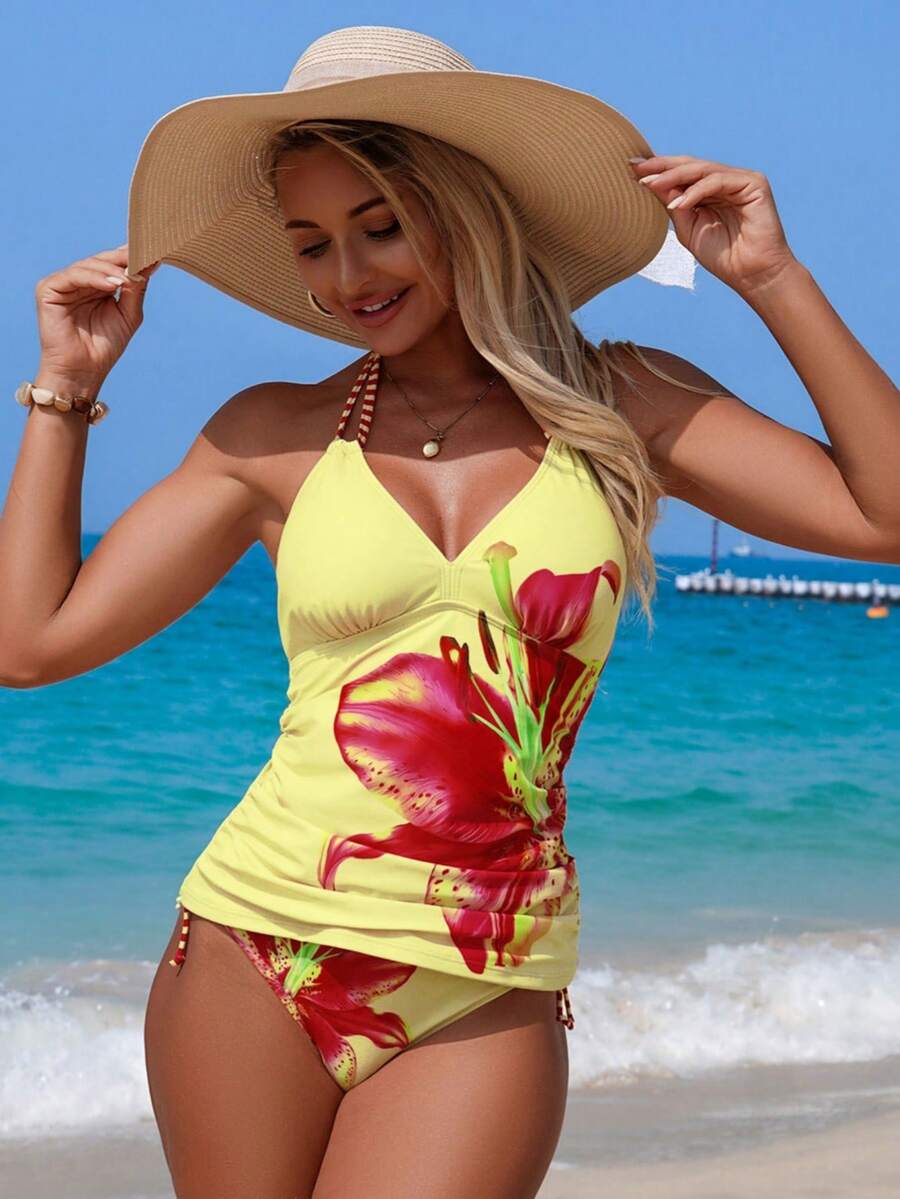 Swim Lushoire New Spring/Summer Lily Print Skirt Tankini Set With Drawstring Side Bottoms, Women's Low Waist Bikini - Multicolor - View 1