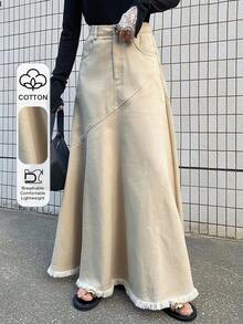 FRIFUL Falda suelta de línea A de unicolor para mujer - Caqui - Ver 1