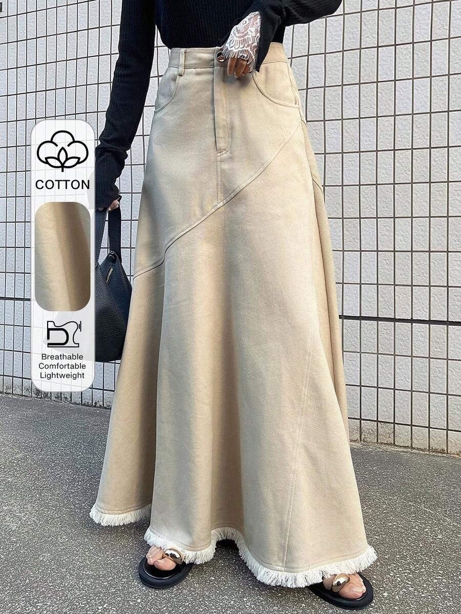 FRIFUL Falda suelta de línea A de unicolor para mujer - Caqui - Ver 1