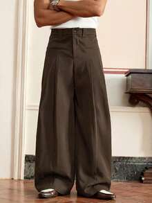 SWAVVY Standard Size Men's Solid Color Loose Wide-Leg Pants Designer Pants Wide Leg Pants Brown Dress Pants Loose Pants - Brown - View 3