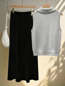 Resyla Women's Autumn Elegant Tea Party Set,Gray Bow-Tie Collar Sleeveless Knit Vest & Black Elastic Waist A-Line Long Skirt Two-Piece Set,Blackness Outfit - Multicolor - View 2