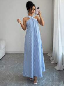 Louniche Women's Summer Cotton Blue Striped Criss-Cross Spaghetti Strap A-Line Sleeveless Open Shoulder Maxi Dress, Sexy Vacation Style, Bohemian Flowy Long Dress For Spring/Summer - Blue - View 7