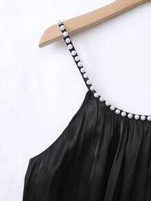 GlowEve 女士撞色滚边仿珍珠优雅吊带迷你连衣裙 - 黑色 - 查看 3