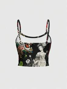 ROMWE Avant Music Festival New Chinese Style Dark Punk Tiger Head Geisha Slogan Chrysanthemum Plant Calligraphy Rose Sexy Camisole And Low Waist Flared Pants 2 Pieces Set For Women - Black - View 6