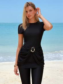 Swim Mulvari Conjunto de 2 piezas de mujer para primavera/verano, de unicolor, con top de manga corta ajustado con cuello de escote y cintura fruncida, y pantalones ajustados tipo skinny. Conjunto de burkini conservador pero a la moda. - Negro - Ver 1