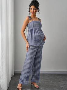 SHEIN 女士休闲度假极简条纹乡村风蓝色系带吊带背心+宽松阔腿裤孕妇两件套 - 彩色 - 查看 5
