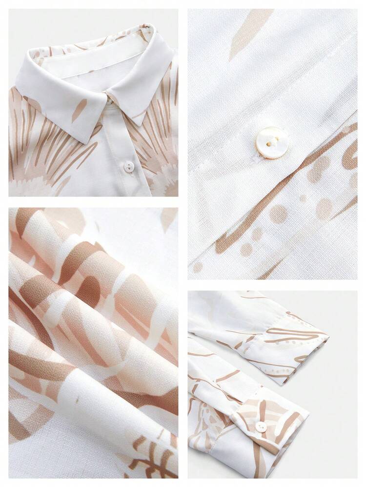 SHEIN Maija Women's Seashell Print Long Sleeve Button-Up Casual Loose Shirt,Going Out,Casual Blouse For Women,Summer Holiday,Beach Vacation,Summer Holiday,Beach Vacation