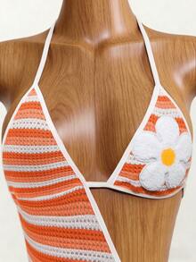Mistrie Women's Floral Embroidery Striped Hollow Out Sexy Halter Neck Dress  Summer  , Summer Dress , Summer Dresses For Women , Summer Dresses  , Summer Outfits  , Summer Clothes  , Summer Outfits For Women , Summer Holiday Outfit , Summer Outfit For Women ,  Orange Beach Dress Bikini Skirt Set Bathing Suit Dress Dress Swimsuit Women Bikini Dress Skirt Swimsuit Set Knitted Bathing Suit Orange 2 Piece Set 2piece Summer Sets Halter Top Two Piece Set Orange Two Piece Set 2 Piece Summer Sets - Multicolor - View 4