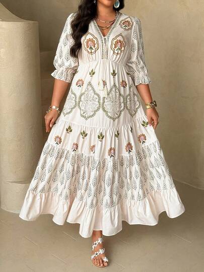 Ceyna 大码女式法式休闲优雅印花七分袖V领连衣裙