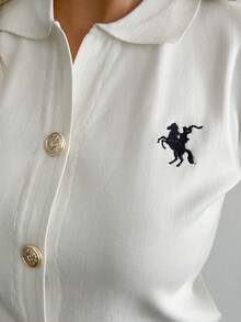 SHEIN Short Sleeve Knit Cardigan With Buttons & Embroidery - White - View 7