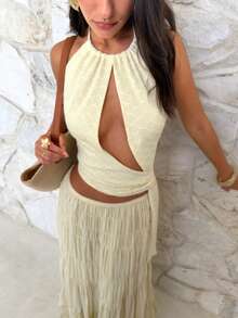 Firerie Women's Sexy Hollow-Out Backless Halter Neck Blouse For Vacation - Light Yellow - View 7